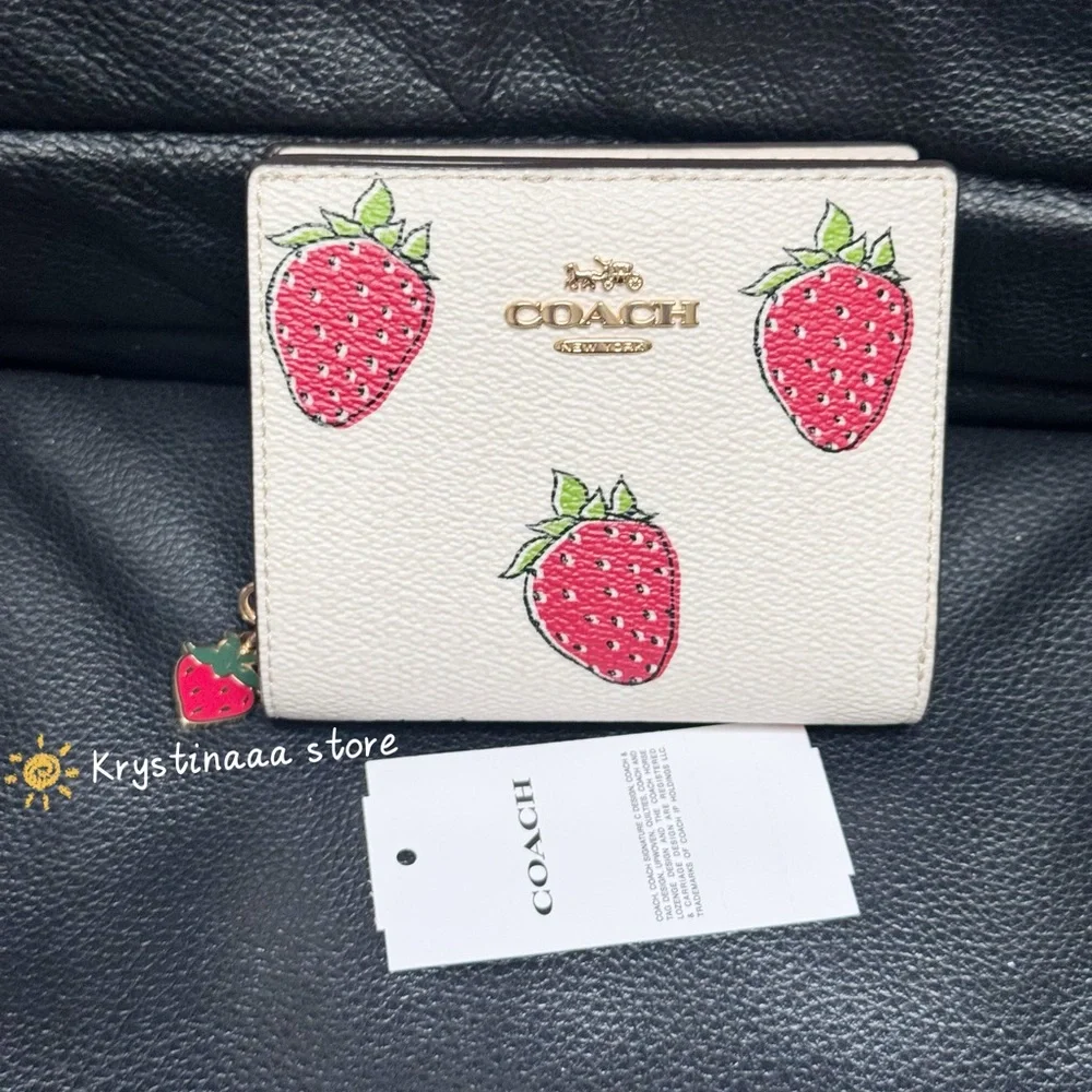 Coach Snap Wallet With Strawberry Print NWT CAP18 in Chalk multi